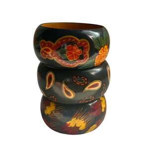 Three Vintage Hand Painted Wood Bangle Bracelets